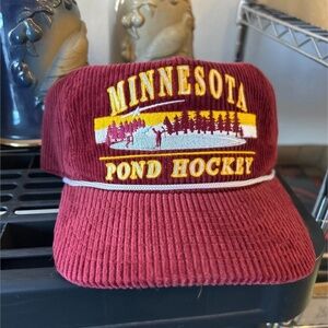 VTG Minnesota Pond Hockey Corduroy Hat Cap Snap Back White Red Celly Hockey Co